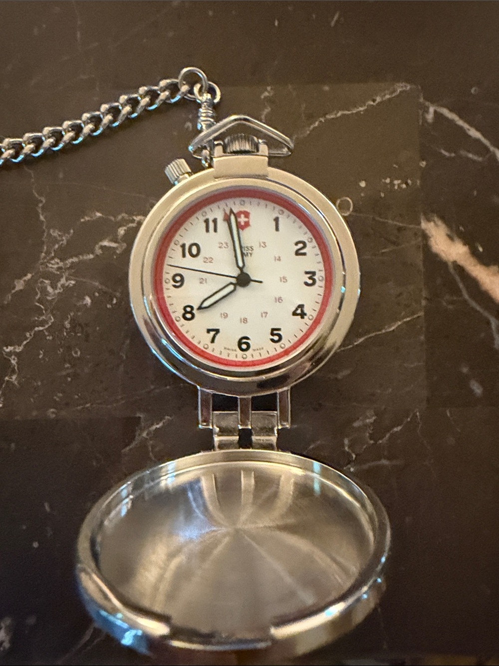Swiss Army Silver Pocket Watch with Red Accent